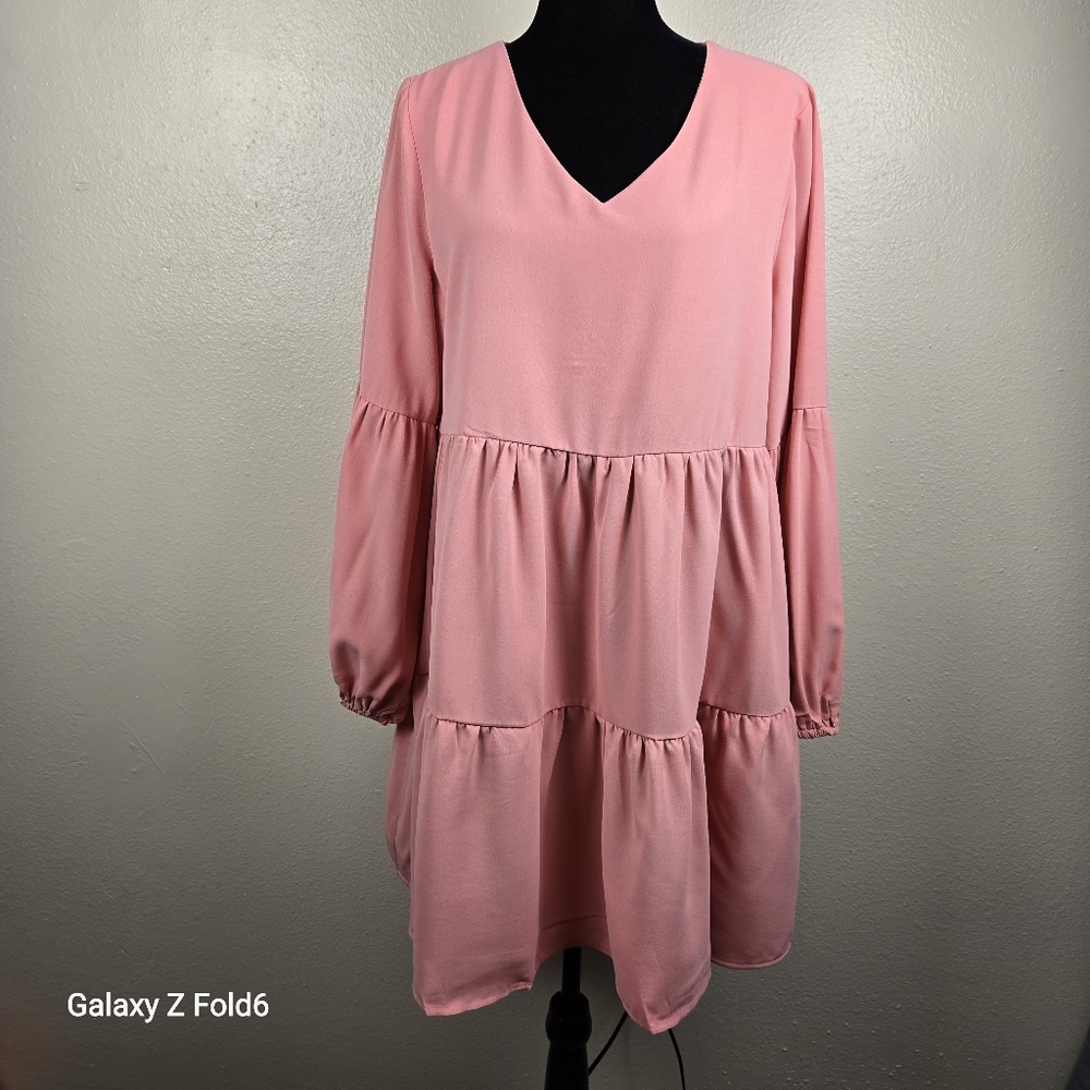 Pink Tiered Babydoll Long Sleeve Dress – Size L – 100% Polyester